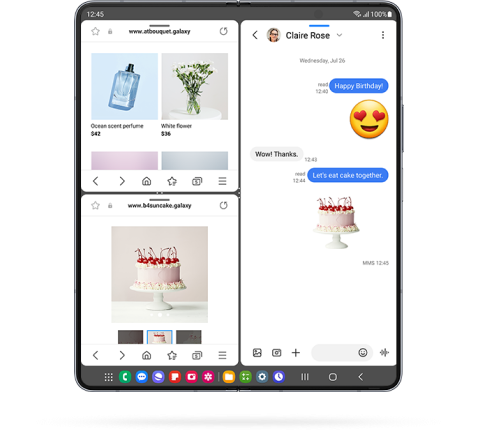 Phone is unfolded showing a messanger app taking the right 50% of the screen and 2 split browser windows claiming the other 50%