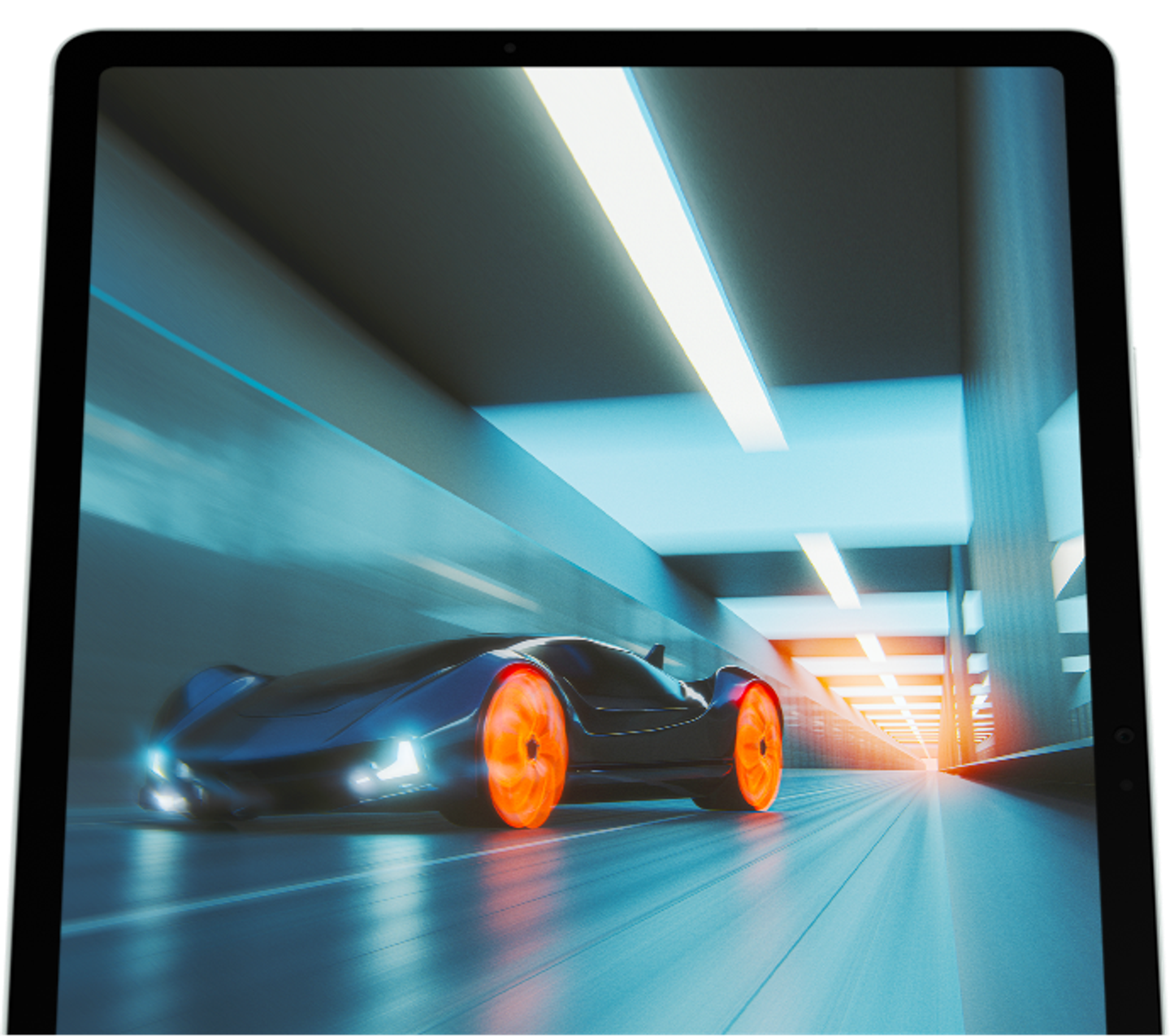 image galaxy tablet having on screen a car racing in tunnel going in high speeds.