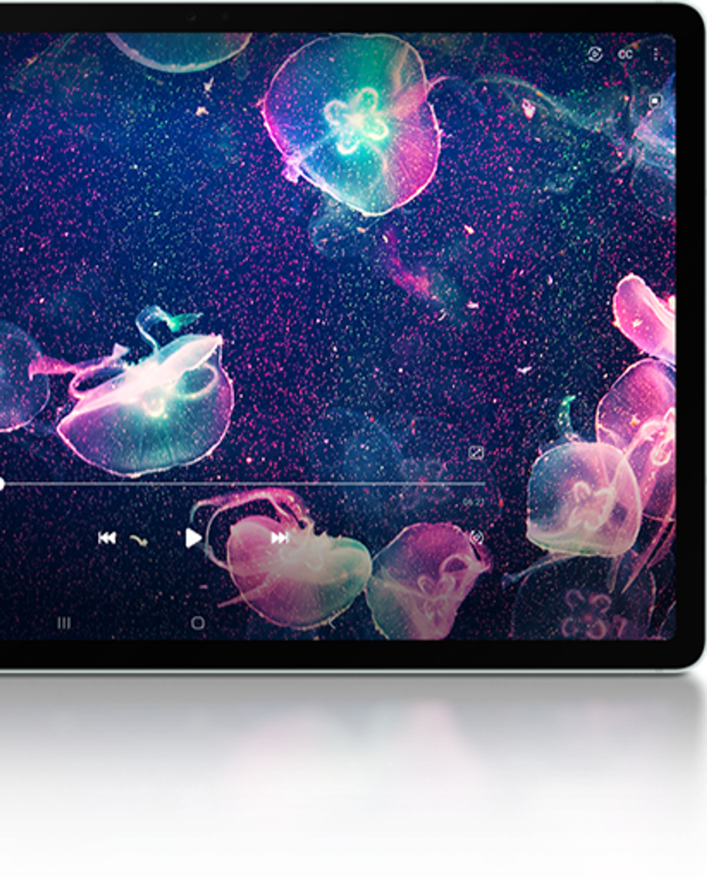Galaxy Tab with a picture of jellyfishes on a galaxy background.