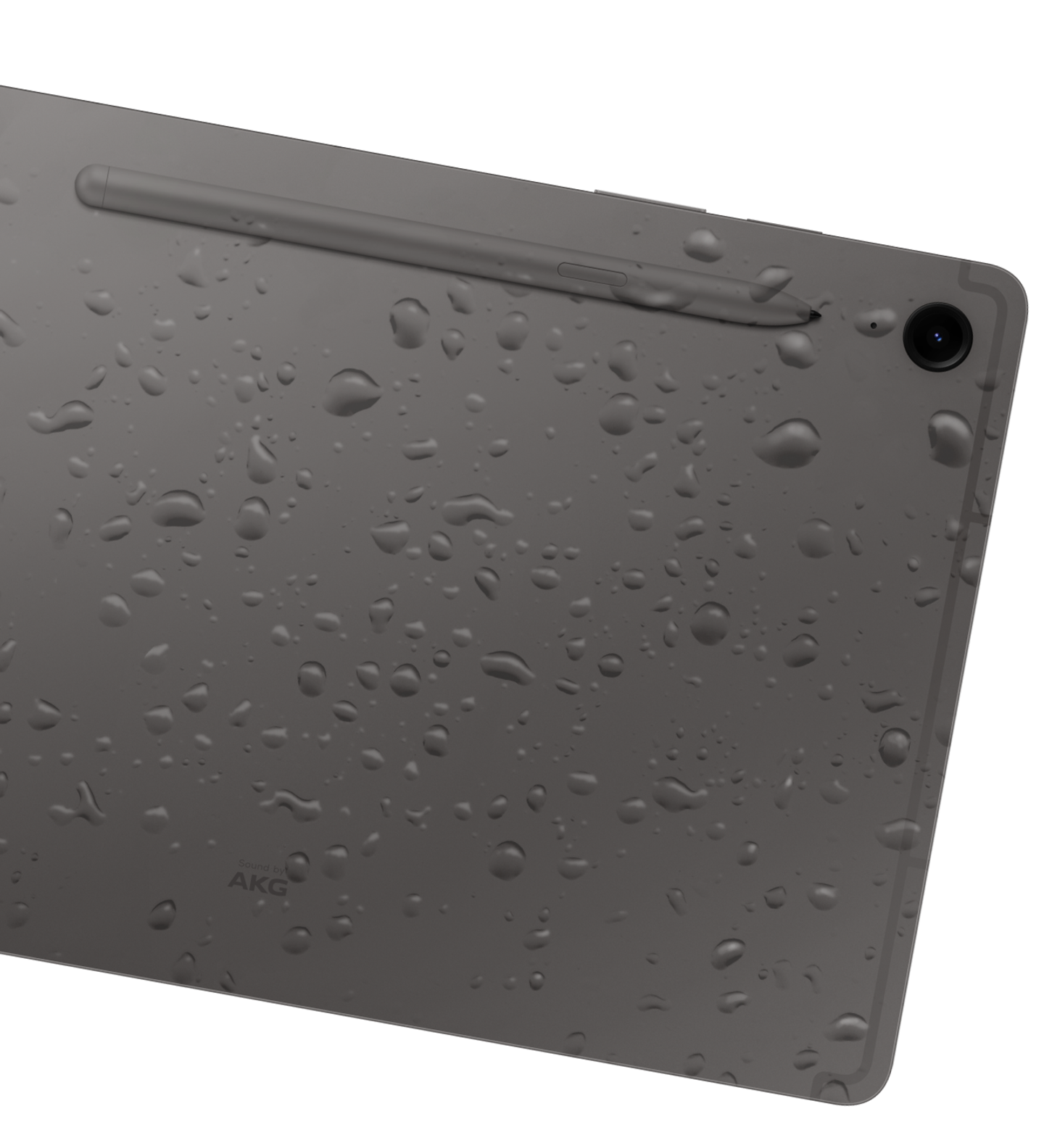 The back of Galaxy tablet covered in water droplets.