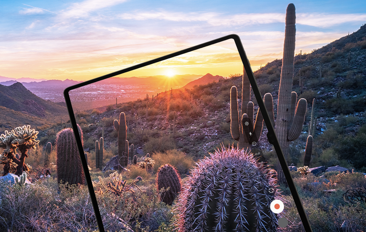 A Tab S9 Ultra taking a picture of cactuses at sunset on a mountainside