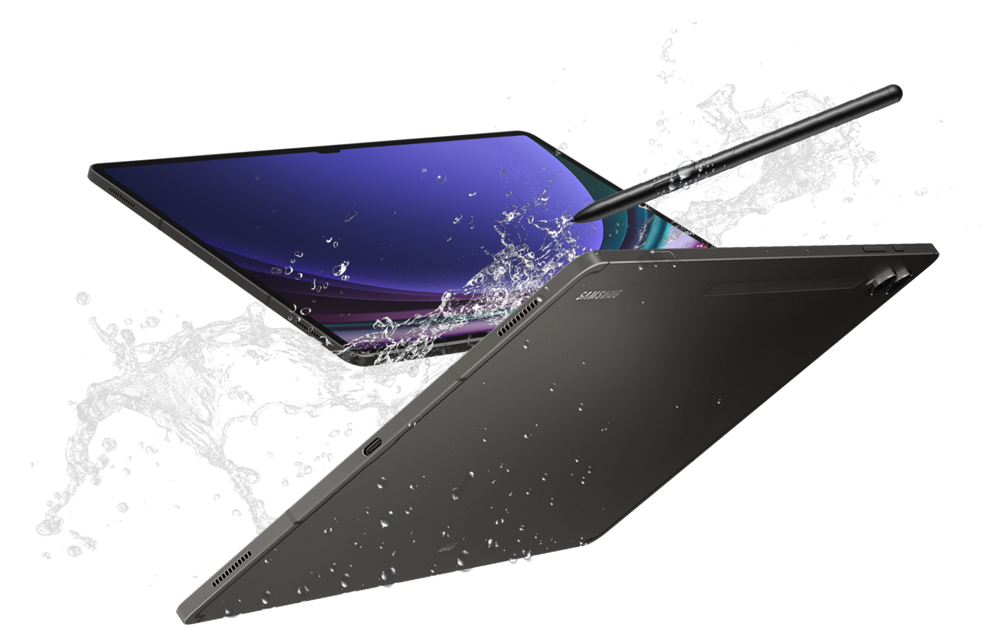 Tab S9 Ultra and S Pen covered in water splashes