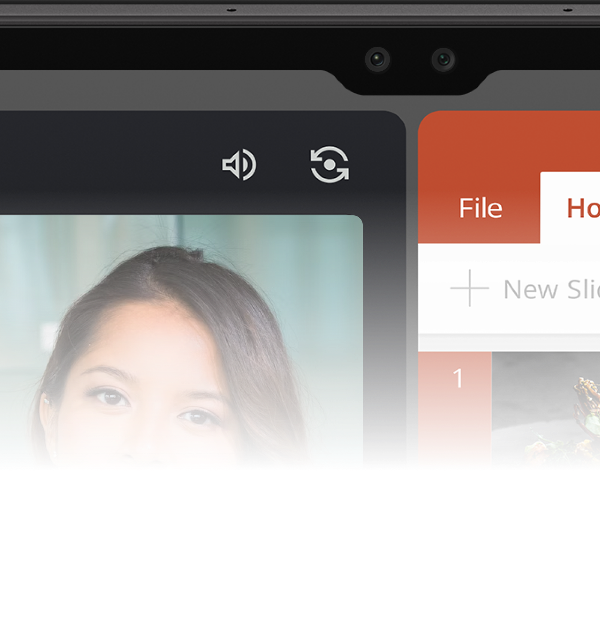 Close up image of the tab s9 ultra front cameras, with a video call displayed on the screen