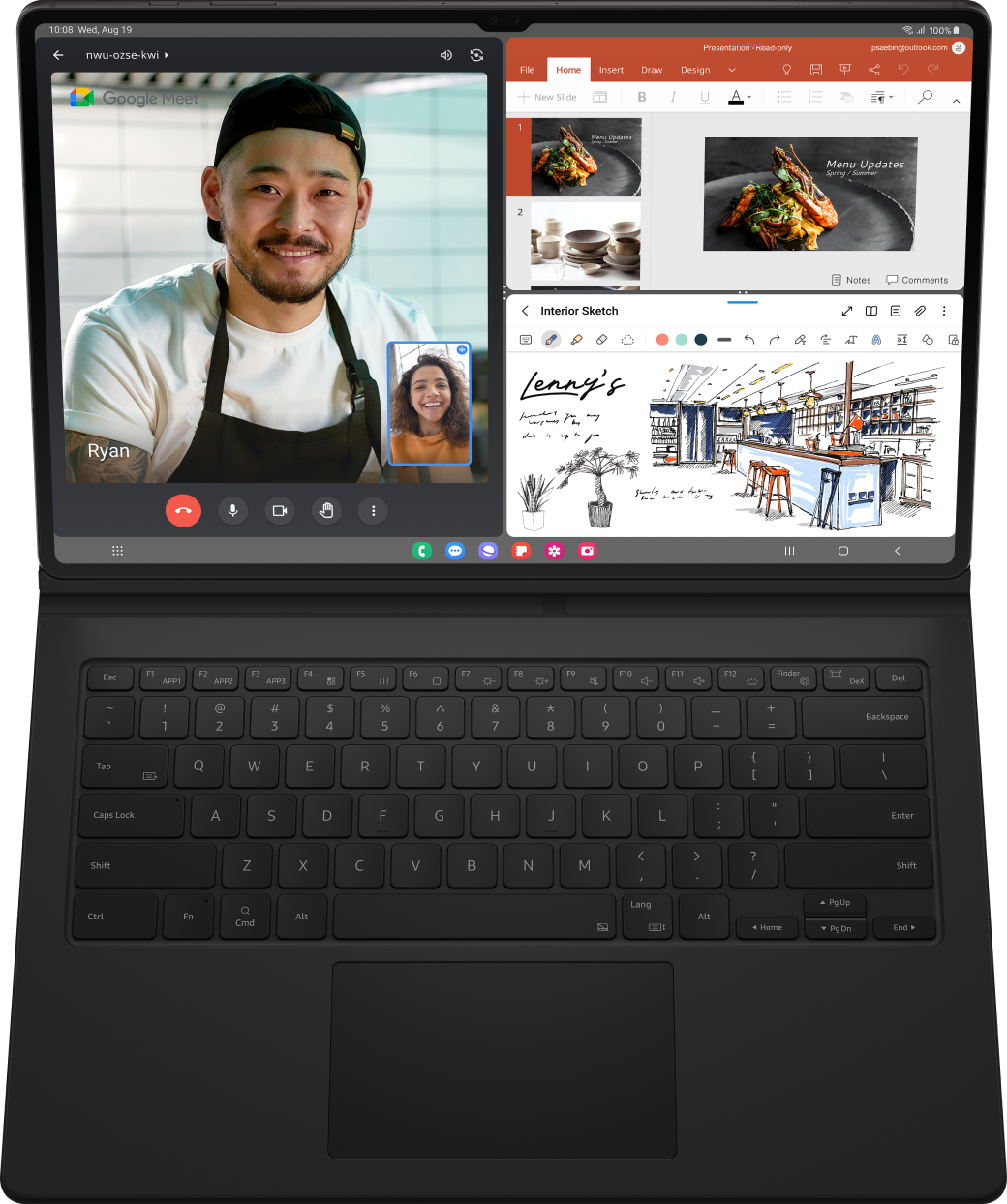 Tab S9 Ultra in keyboard case demonstrating multiple apps open at once on screen