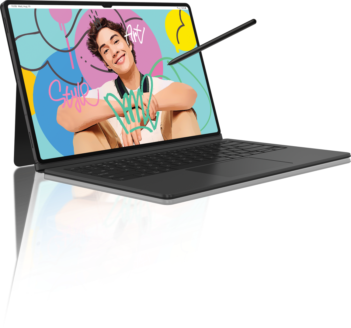 Galaxy Tab S9 Ultra and keyboard case demonstrating a drawing app with S Pen